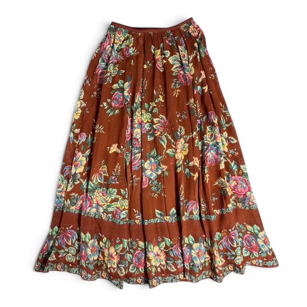 April Cornell Maxi Skirt S Scarborough Georgette Brown Floral Border Cottagecore - Picture 2 of 9